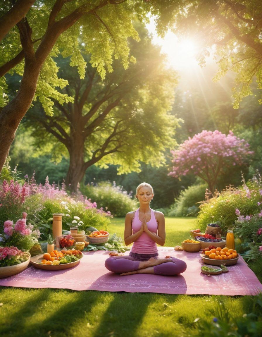 A serene landscape featuring a diverse group of people practicing yoga outdoors surrounded by lush greenery and blooming flowers, symbolizing holistic health and wellness. In the foreground, a vibrant table filled with colorful, healthy foods emphasizes nutrition, while soft sunlight filters through the trees creating a warm atmosphere. Incorporate subtle elements like awareness ribbons and protective symbols to represent cancer prevention. 3D. vibrant colors. peaceful atmosphere.