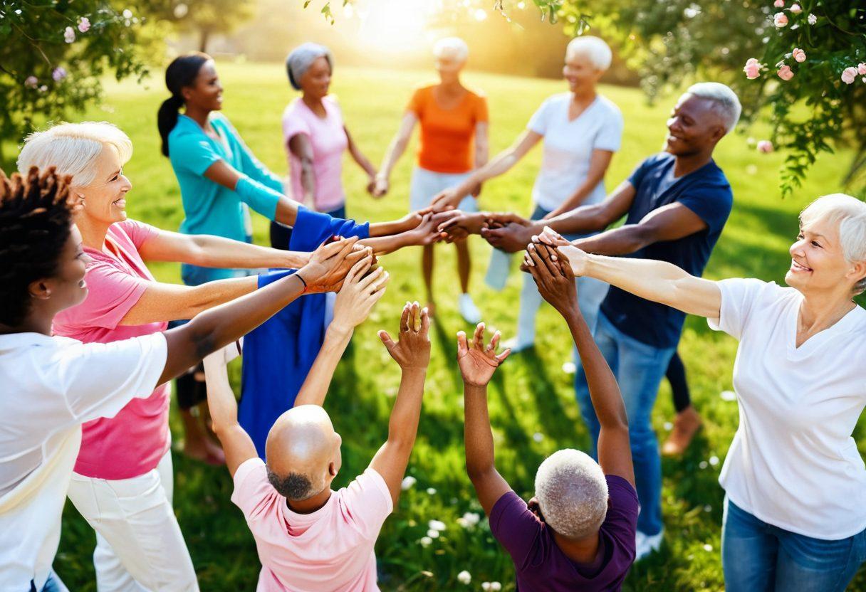 A heartwarming scene depicting a diverse group of cancer survivors and supporters, joyfully holding hands in a circle, showcasing unity and hope. In the background, a vibrant ribbon symbolizing cancer awareness flutters gently, with soft sunlight illuminating the scene, creating an uplifting atmosphere. Include elements of nature, like blooming flowers and greenery, to represent new beginnings and empowerment. super-realistic. vibrant colors. soft focus.