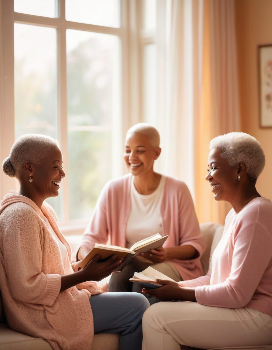 A serene and uplifting scene depicting a diverse group of cancer patients in a cozy support group setting, surrounded by soft pastel colors and warm lighting. The focus is on laughter, sharing stories, and bond-building, with symbols of hope like a blooming flower and sunlight streaming through a window. Include educational materials like books and pamphlets scattered around, creating an atmosphere of empowerment. soft focus. uplifting colors. warm and inviting.